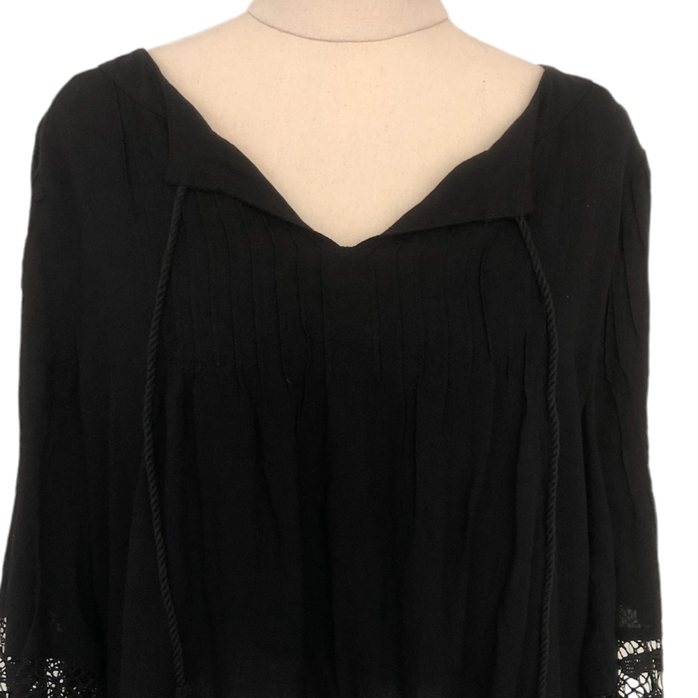 Living Doll Sz M Black Viscose Top with Lace Trim Flowy pleating Boho - Picture 4 of 8